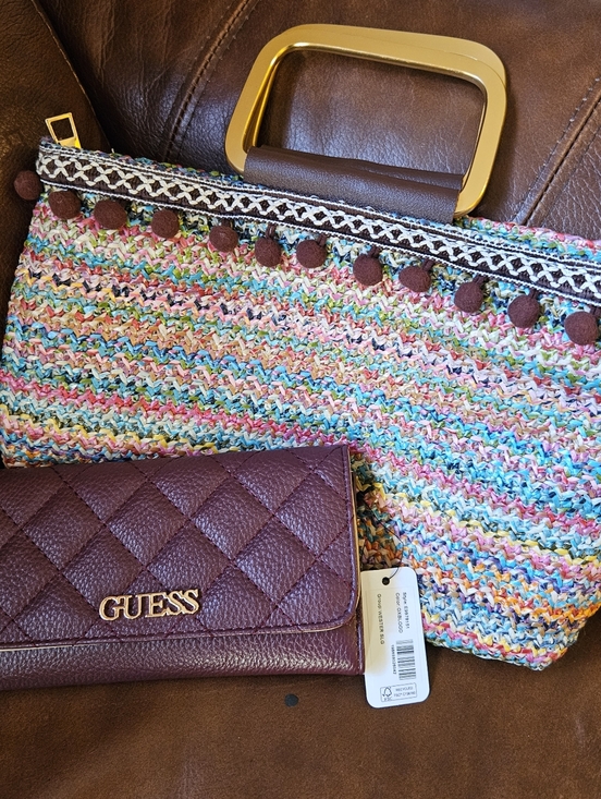 Handbags - Boho Bundle! Woven Fabric Tote Bag Metal Handle Pom Poms And NWT Guess Wallet